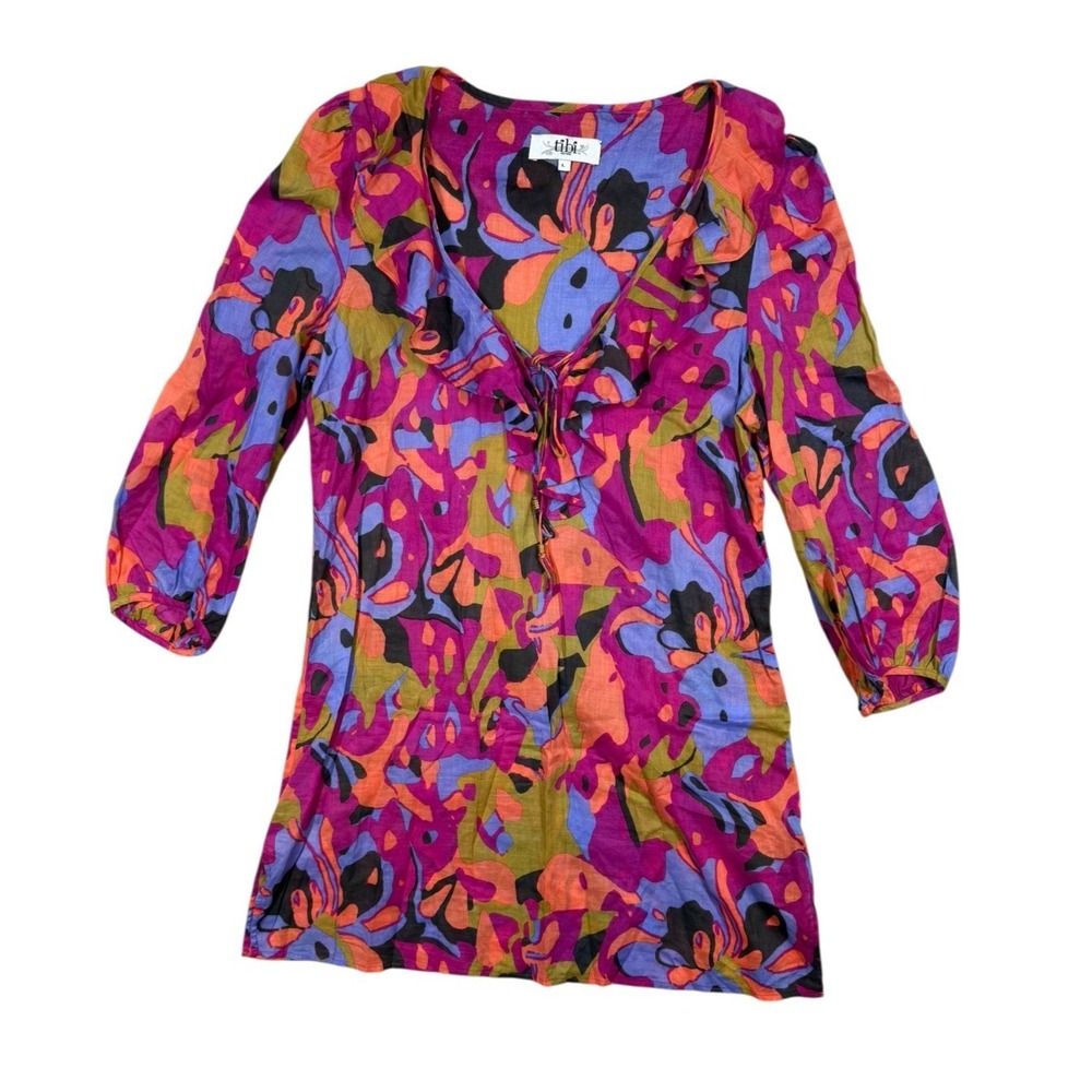 Tibi Tunic Women's Large Abstract Cotton Blouse Pink Orange READ